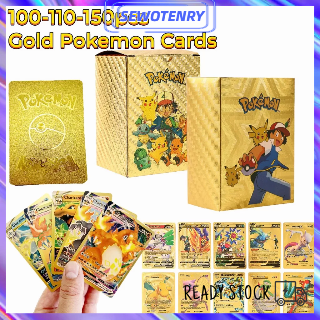 【COD】100/110/150pcs Metal Pokemon Cards /Kartu Perdagangan Pokemon Emas Koleksi Game Pikachu Versi Bahasa Inggris