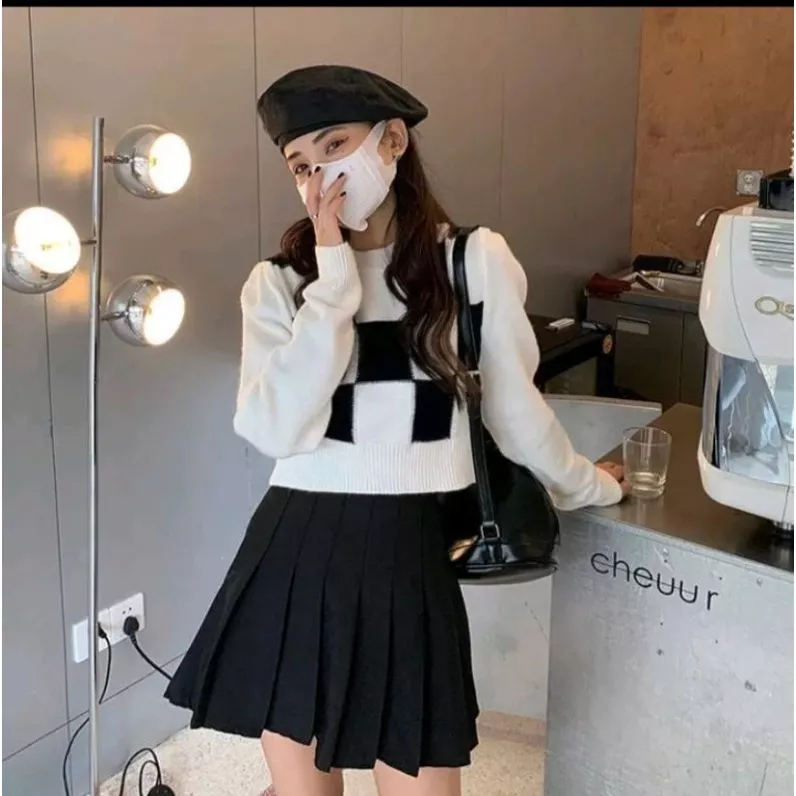 DC_NEW!!! Croptop Rajut Lengan panjang/Atasan wanita Korea sweater-YIKOO/Kotak-kotak sweater rajut murah model terbaru/medium Crop top Korean style