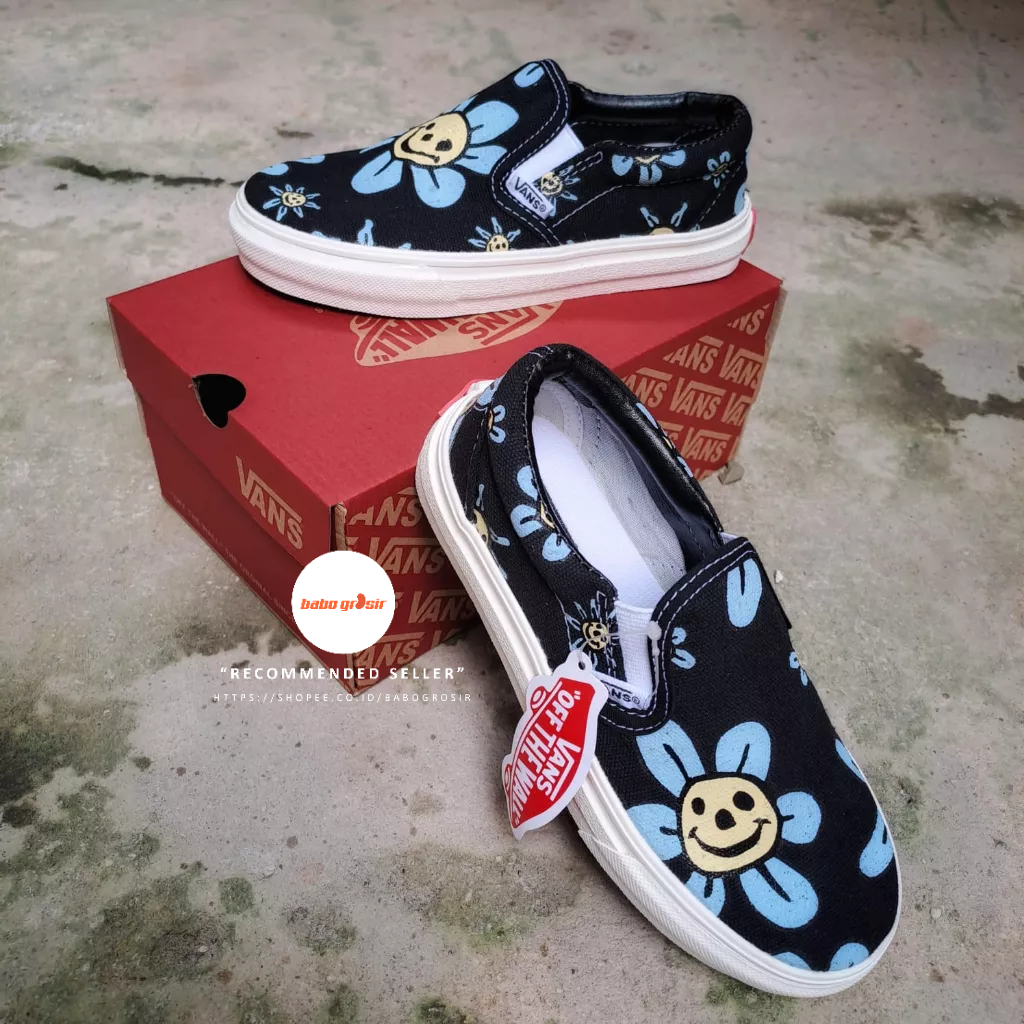 PROMO BEST QUALITY Sepatu Anak Vans Slip On KIDS Trippy Grin Floral Black Yellow, Tapak Gum Outsole Anti Slip, Tag Made in China, Import Premium