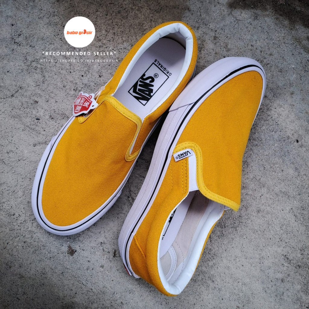 PROMO Sepatu Vans Slip On Classic Yellow Mustard Premium Import Quality Include Box, Upper Kanvas, Waffle DT Anti Slip, Tag Made in China