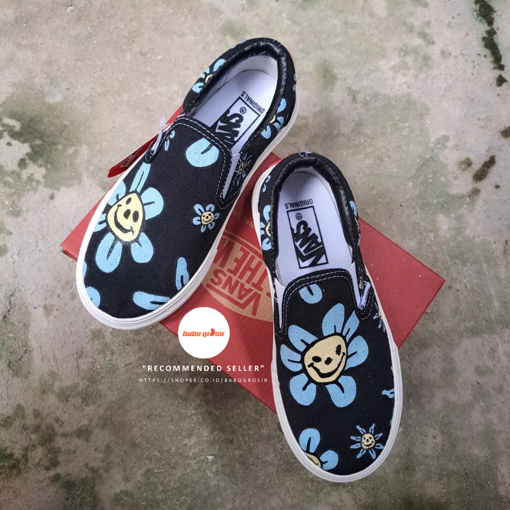 PROMO BEST QUALITY Sepatu Anak Vans Slip On KIDS Trippy Grin Floral Black Yellow, Tapak Gum Outsole Anti Slip, Tag Made in China, Import Premium