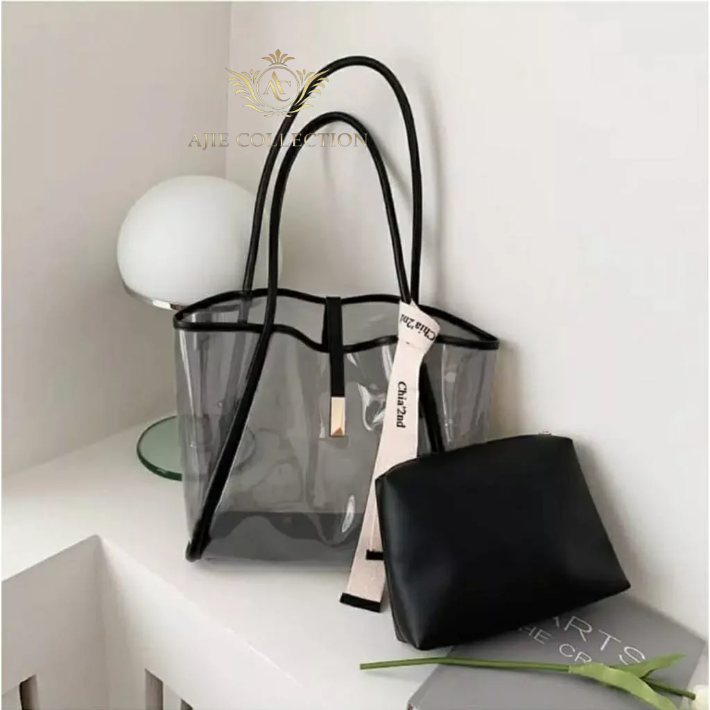 ToteBag Wanita Florida Mika PVC / / Fashion Wanita Korea / Tas Bahu WanitaTransfaran Kombi / Fashion Bag Wanita Free Pouch ( Tanpa Twily/pita )