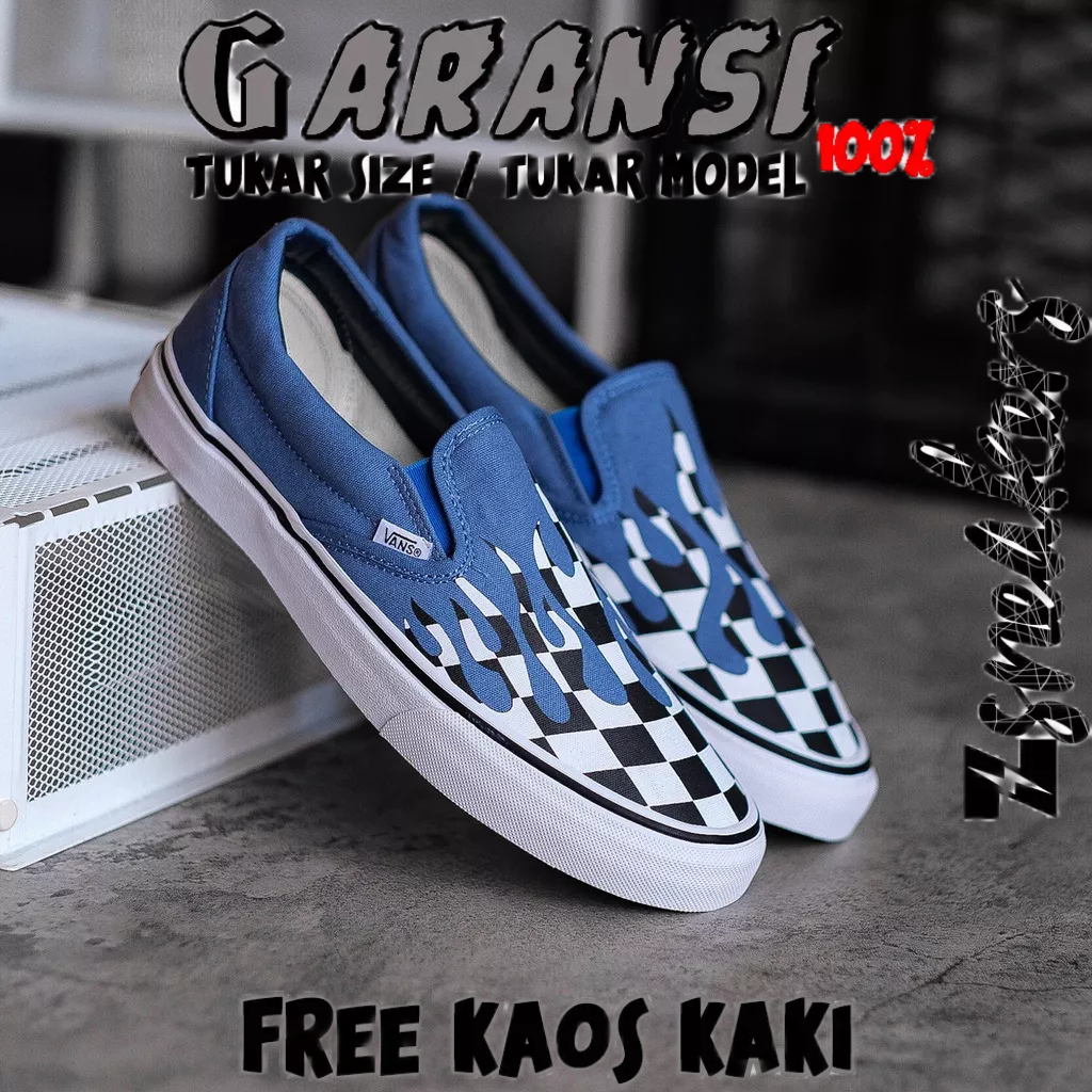 Vans Slip On Checkerboard Flame Blue┃ORIGINAL 100%┃SEPATU Slip On ┃SEPATU PUTIH┃SEPATU PRIA┃SEPATU V