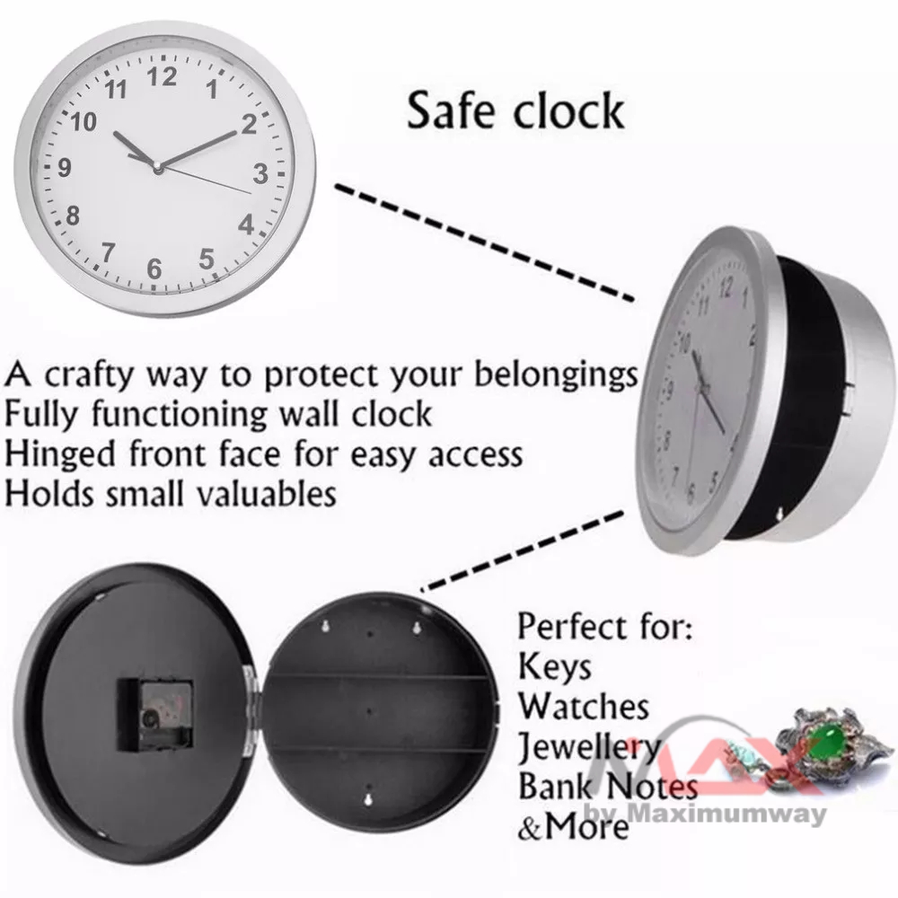 Jam dinding 25cm dengan tempat penyimpanan rahasia model minimalis modern quartz jam tembok elegant putih dan coklat exclusive mewah kotak uang Hidden Safe Large Wall Clock Safety Box Secret Secuirty Box Money Jewellery Stuff Storage home office Cash Safe