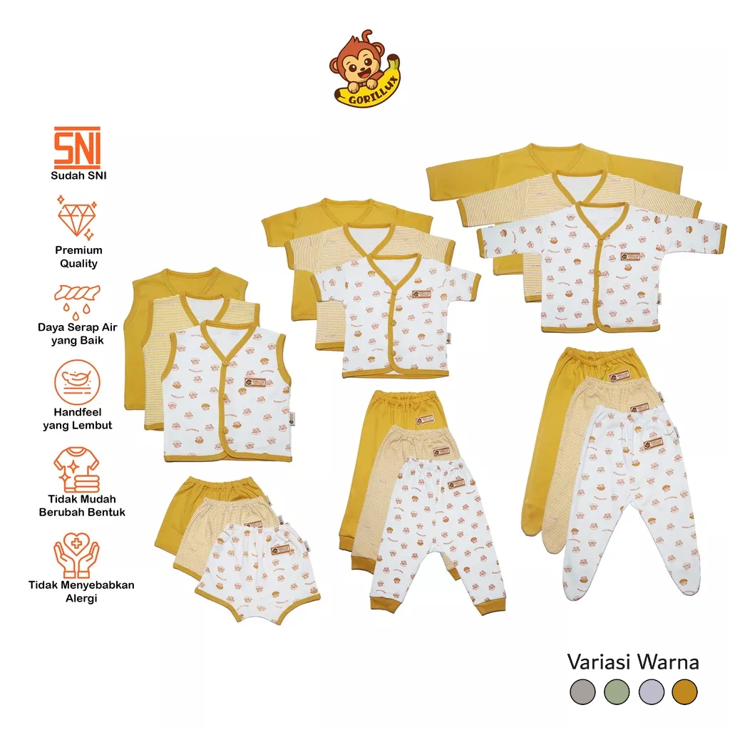 GORILLUX PAKET 9 Setelan Baju Bayi Lengkap Seri Mustard (0-3 Bulan)