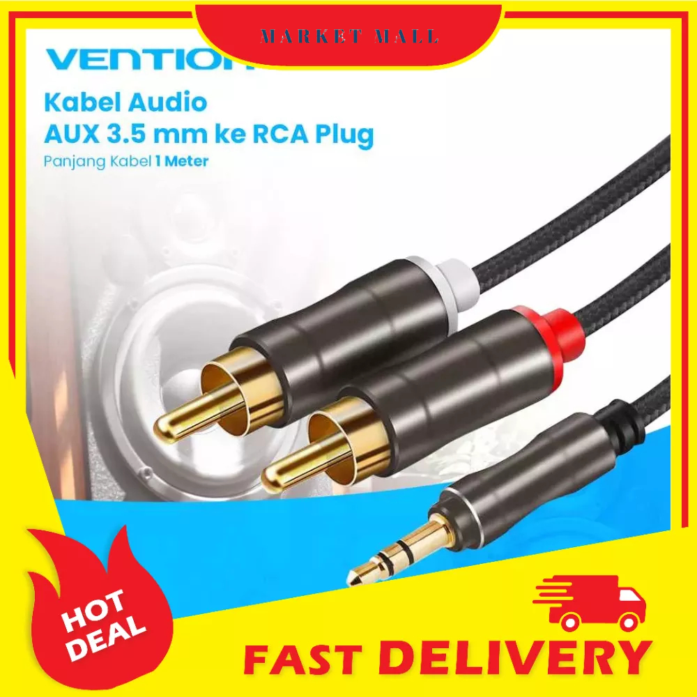 Kabel Konversi Audio AUX 3.5 mm ke RCA Plug Proteksi Stereo Laptop PC Tablet Smartphone 1 Meter Vention - VWCL0EBK