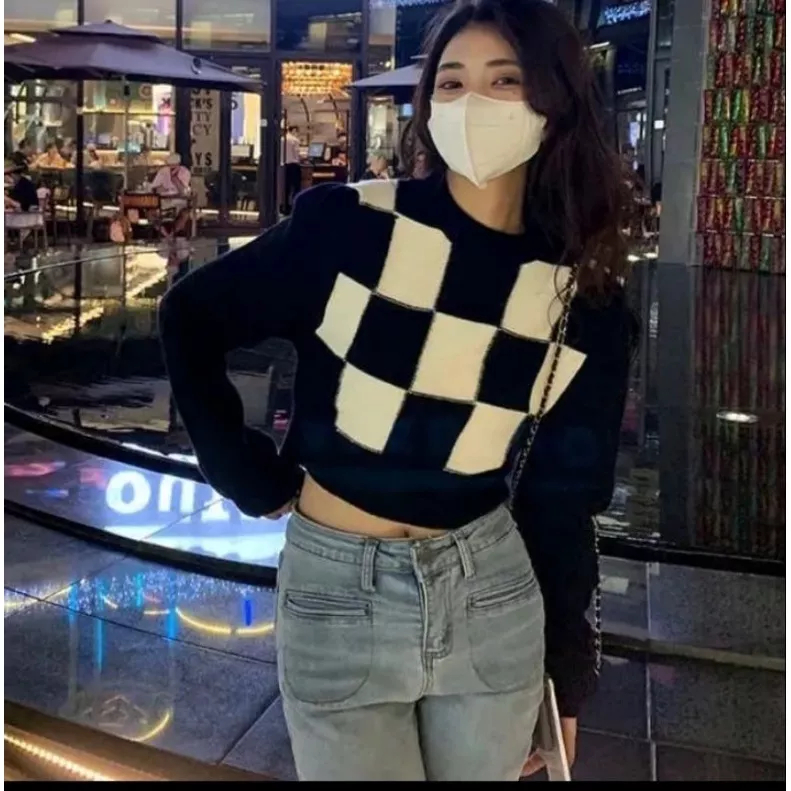 DC_NEW!!! Croptop Rajut Lengan panjang/Atasan wanita Korea sweater-YIKOO/Kotak-kotak sweater rajut murah model terbaru/medium Crop top Korean style