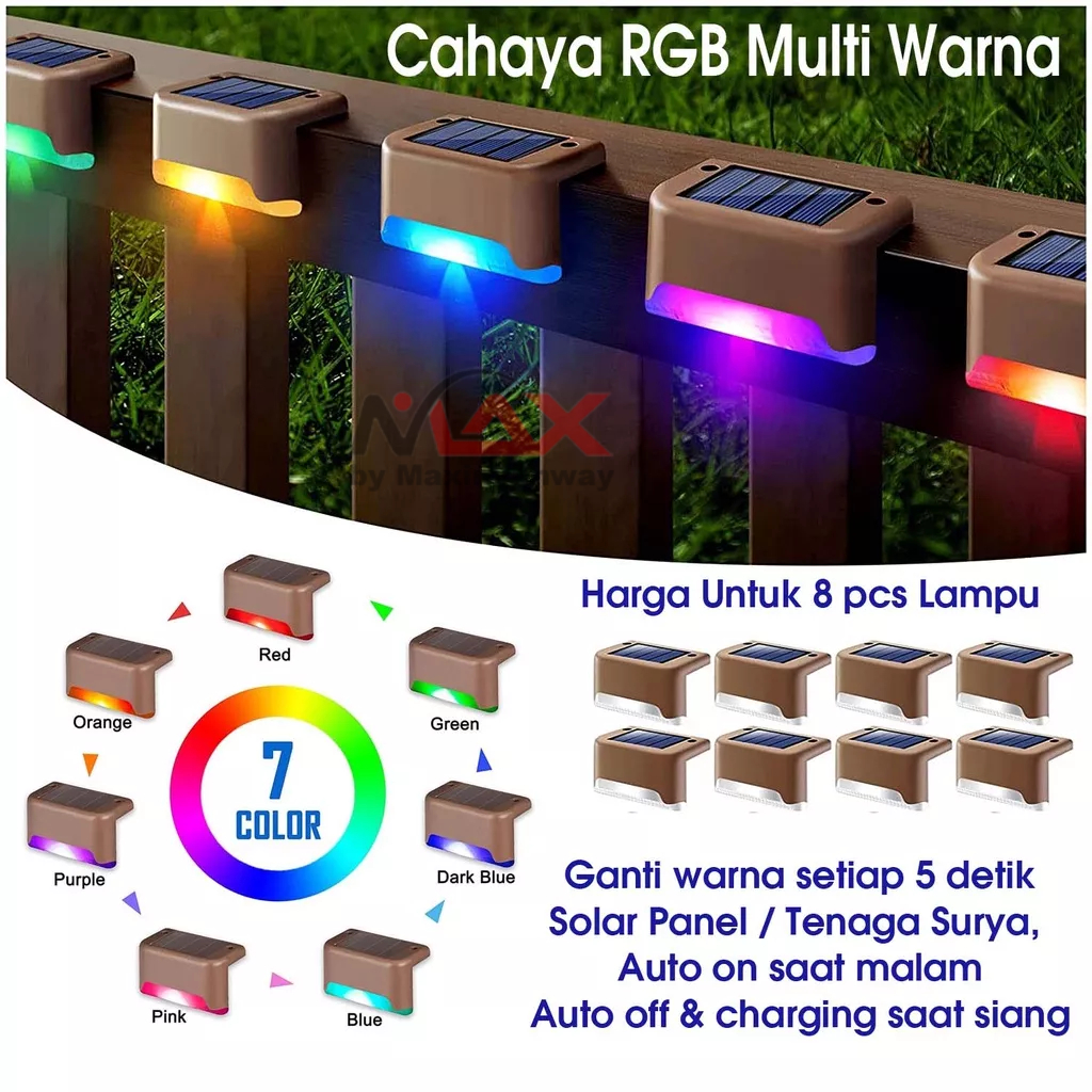 Lampu Pagar dan Tangga luar ruangan RGB multi warna Tenaga surya Solar panel Waterproof IP55 anti air anti hujan anti cuaca lampu tangga teras dan taman pagar kebun dan taman anti hujan deras hemat energy tenaga matahari multi warna RGB 7 warna