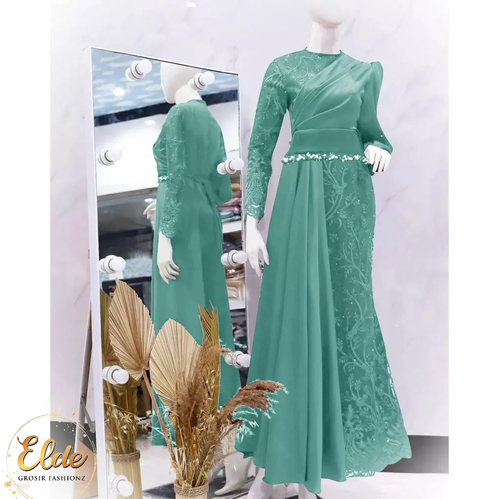 ELDE 12 - ( M - L - XL - XXL )  MAXI DRESS DUYUNG CHANELIA MAXY BAHAN TILE MUTIARA FULL DEPAN BLKG LAPIS FURING BAGIAN DEPAN ADA LAYER VELVET BAGIAN PINGGANG MUTIARA TEMBAK