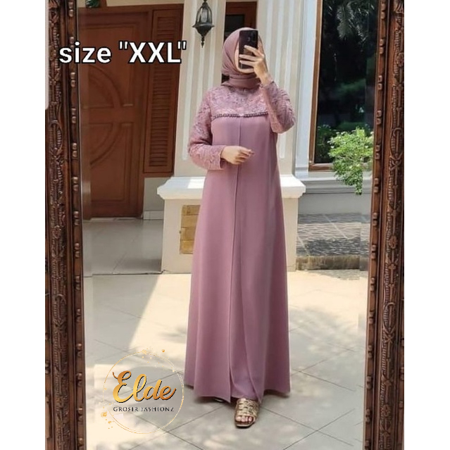 ELDE 12 - SIZE L XL XXL Maxi dress aulia Gamis Maxi JUMBO DRESS bahan brukat corneli lapis furing kombi crepe aplikasi mutiara tembak mewah LD 100cm pjg 135cm bagian depan 2lapis