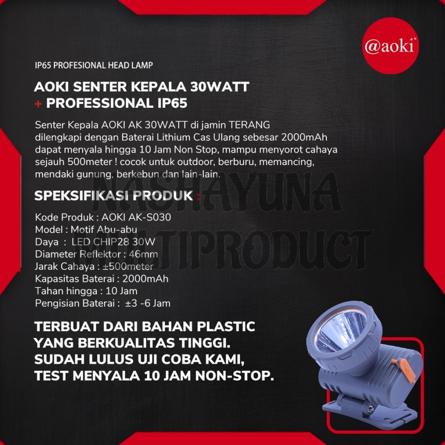 Headlamp AOKI AK-S030 30 WATT - TAHAN 10 JAM-SENTER KEPALA AOKI AKS030