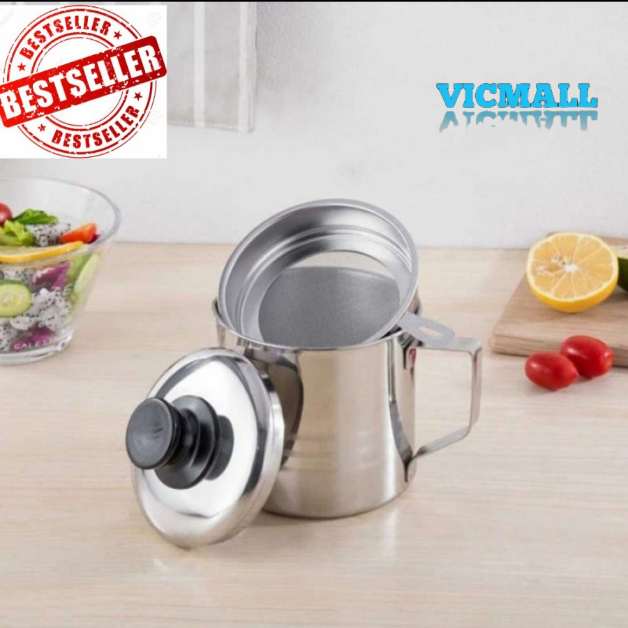 VICMALL - Wadah Tempat Saringan Minyak Goreng Minyak sayur Anti Karat Premium oillpot oil pot silver dan warna // Stainless Steel Kitchen oil Pot minyak bekas gorengan model gelas cangkir bukan botol Teko mug cup Filter