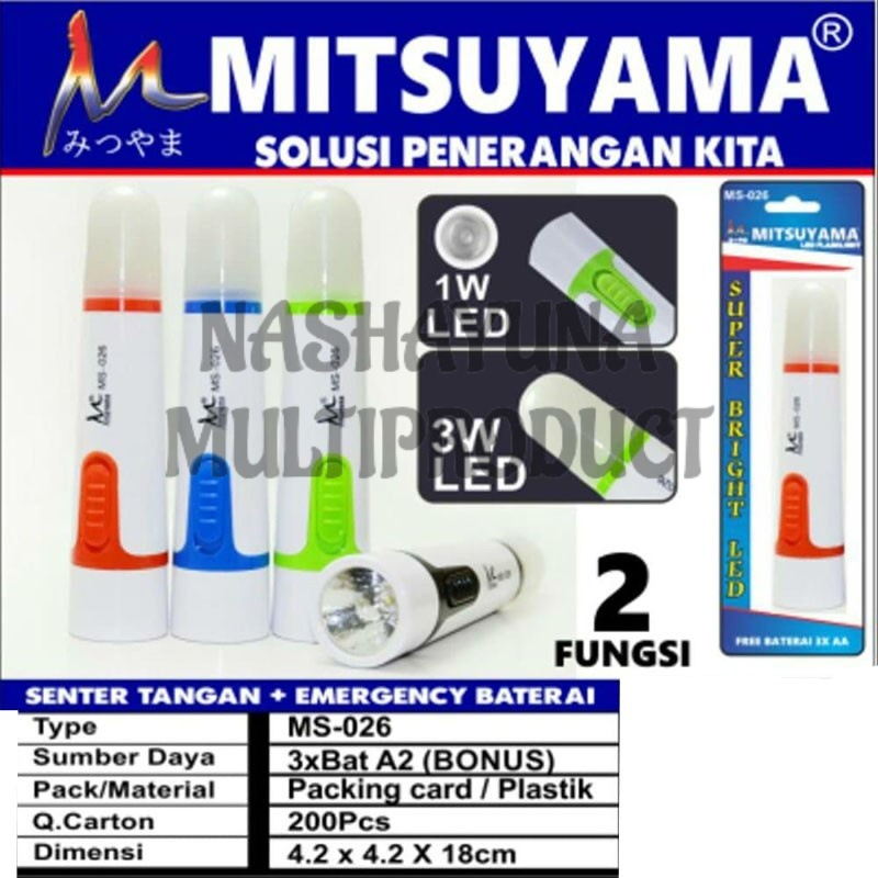 SENTER FLASHLIGH 2 IN 1 MITSUYAMA MS-026 LED 1 WATT DAN 3 WATT