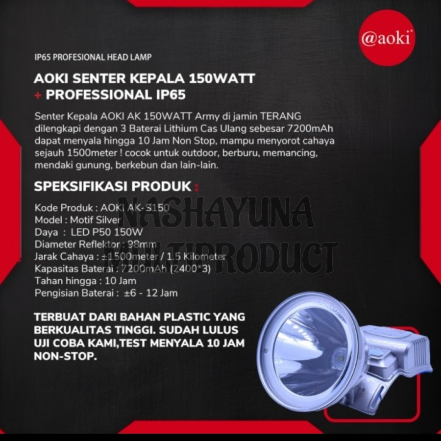 Senter Kepala Headlamp Aoki 80 Watt AK-S080 Cahaya Putih Waterproof