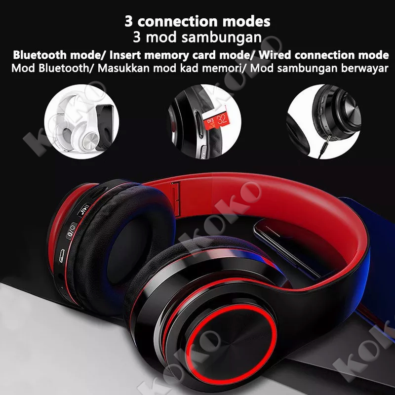 【penjual lokal】B39 Headphone Bluetooth Headset Musik Gaming dengan Lampu LED dan Mic Suara HIFI Bass Mantap