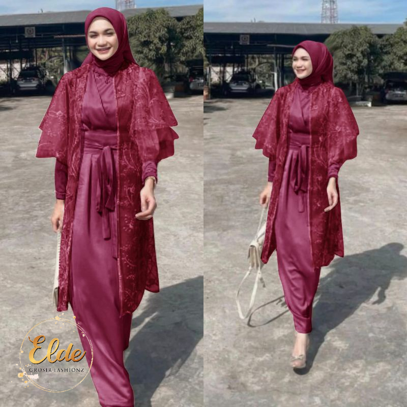 ELDE 12 - MAXY LUCIA BRUKAT TILLE DRESS SET GAMIS JUMBO WANITA SIZE M - L - XL - XXL BAHAN ROBERTO SLETING BELAKANG + CARDI TILE MUTIARA IMPORT + OBI LILIT LUCIANNA