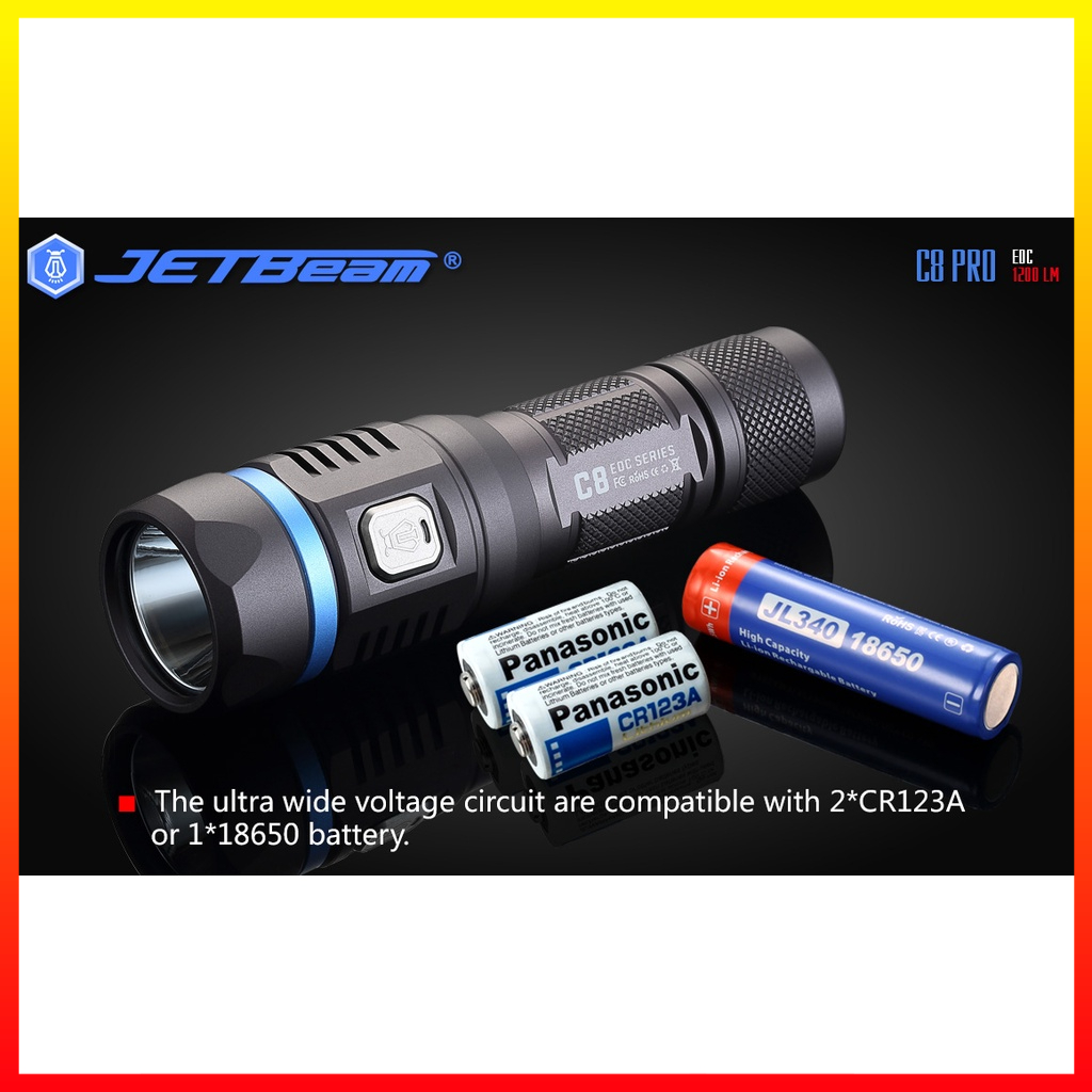 Tactical Senter LED Portabel Luar Ruangan Cahaya Kuat 1200 Lumens Baterai 18650 Waterproof IPX-8 JETBeam C8 Pro - JBFL26BK