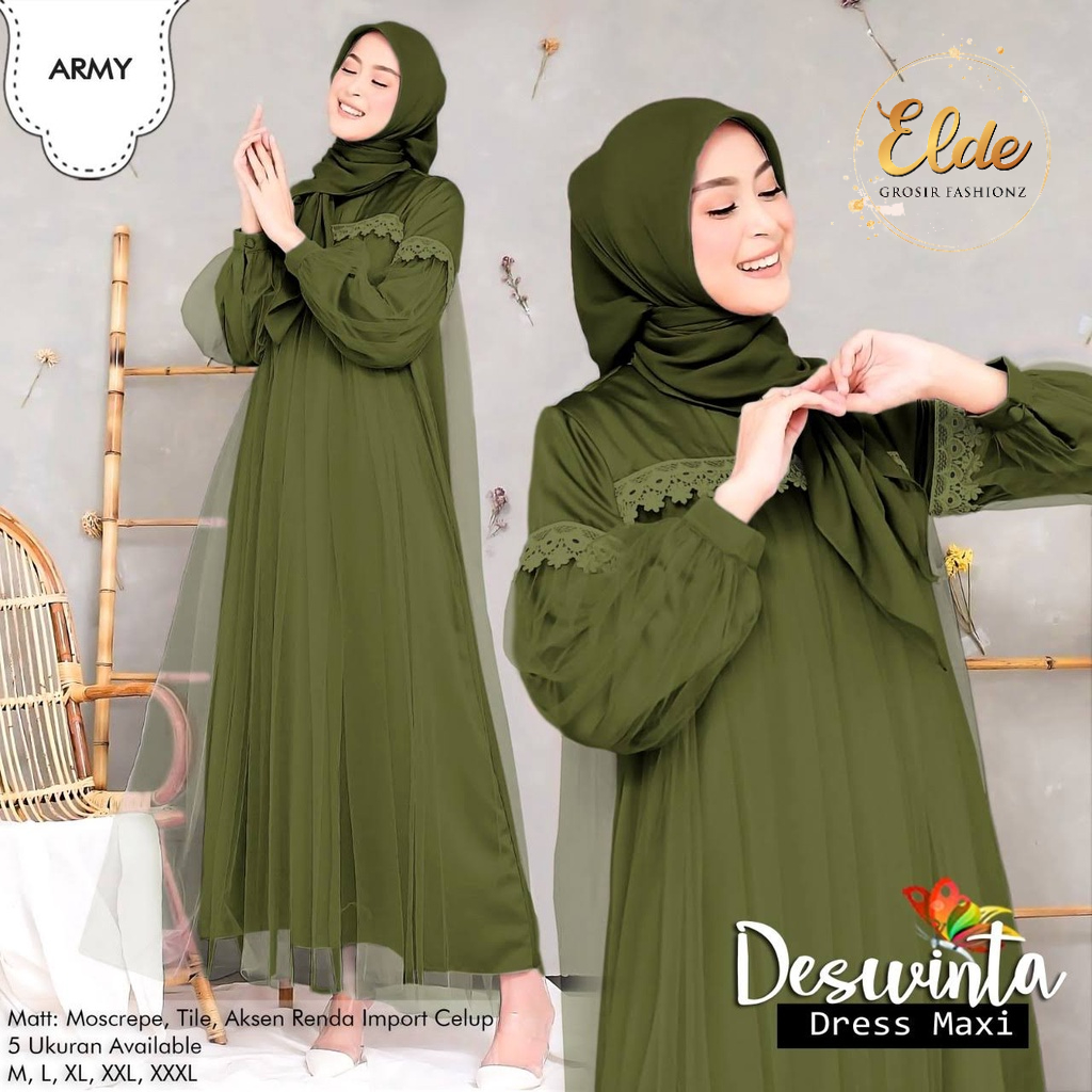 ELDE  66 - Maxy dress terbaru Dress Deswinta / Gamis Deswinta / Gamis Terbaru modern / Bahan tile furing moscrepe aplikasi renda / tanpa pasmina