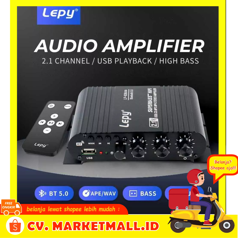 Audio Amplifier Penguat Daya Subwoofer Bluetooth Speaker Desktop Komputer Mobil HiFi Sound Booster with Remote 12V Lepy 838USB - 9CSK06BK