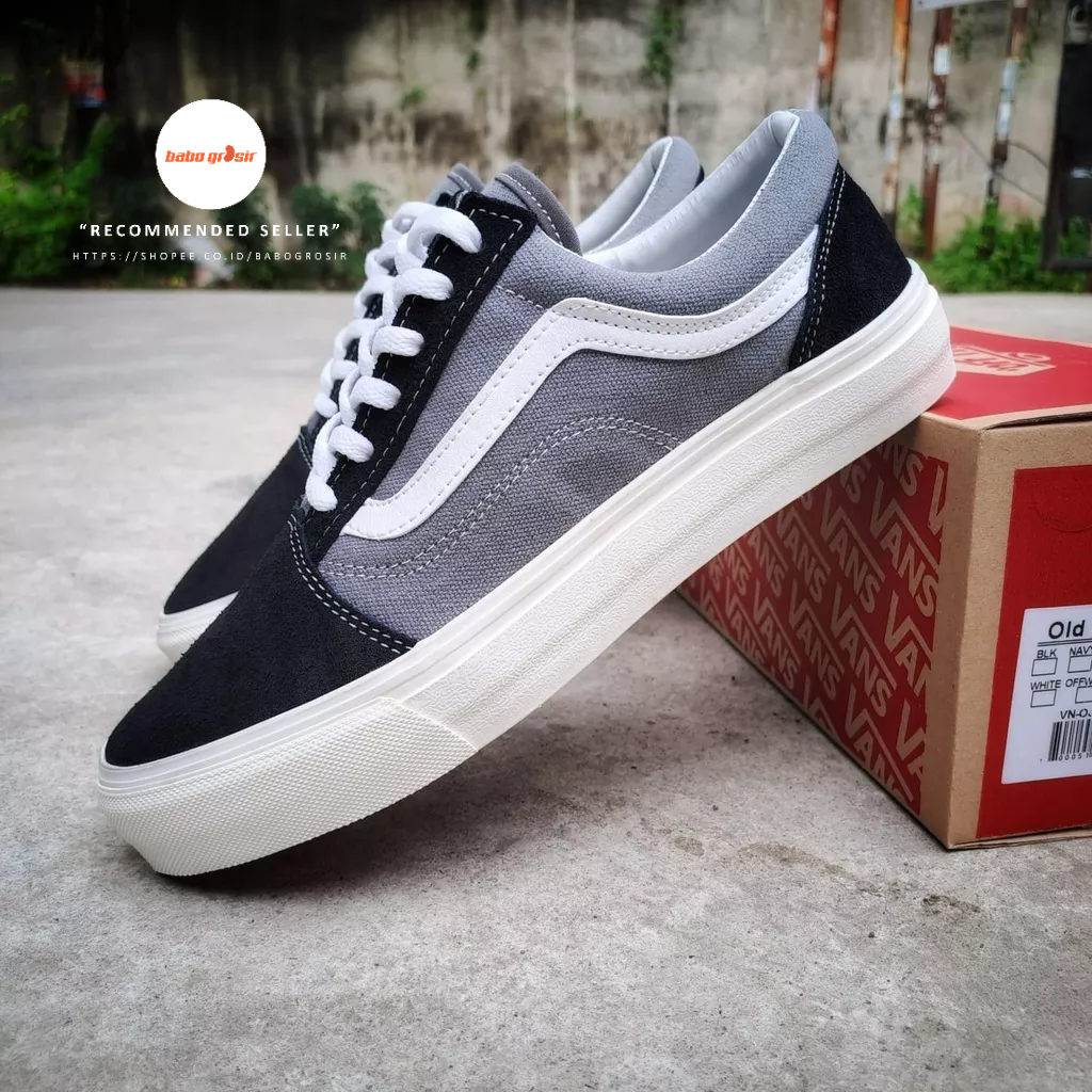 PROMO Sepatu Sneakers Vans Oldskool Black Grey OG Premium Quality. Upper Suede Leather, Waffle DT Rubber Anti Slip, Tag Made in China dengan Harga TERMURAH