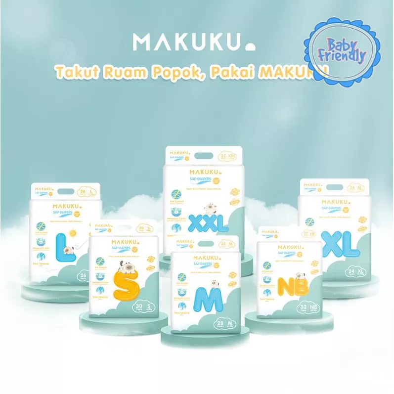 [BabyFriendly] MAKUKU SAP Diapers Comfort Fit Tape NB32 S30 M28 L26 L34 XL24 XXL22 Popok bayi Tipis SAP anti gumpal cepat kering