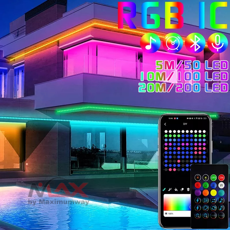 RBGIC Lampu Selang 20m 200LED bisa di program Anti Air Dekorasi Disco Cafe Pub Karaoke bisa mengikuti alunan musik cocok untuk lampu pohon natal LED Fairy Lights RGB IC Remote Bluetooth APP Control Light Music Sync Holiday Outdoor Lamp Garland For Party