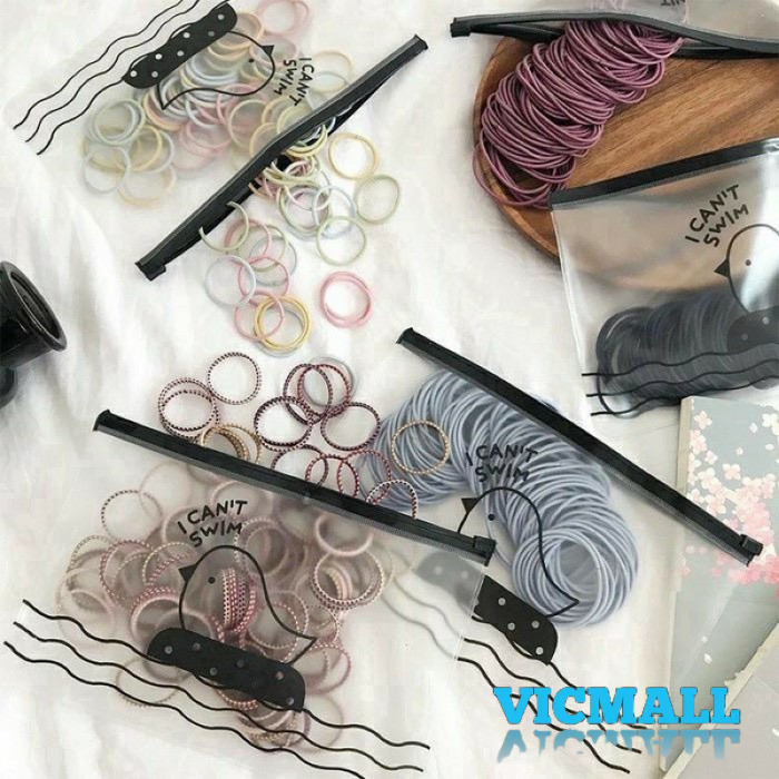 VICMALL - Ikat Rambut karet Korea model polos I Can Swim Isi 100 Pcs + Pouch