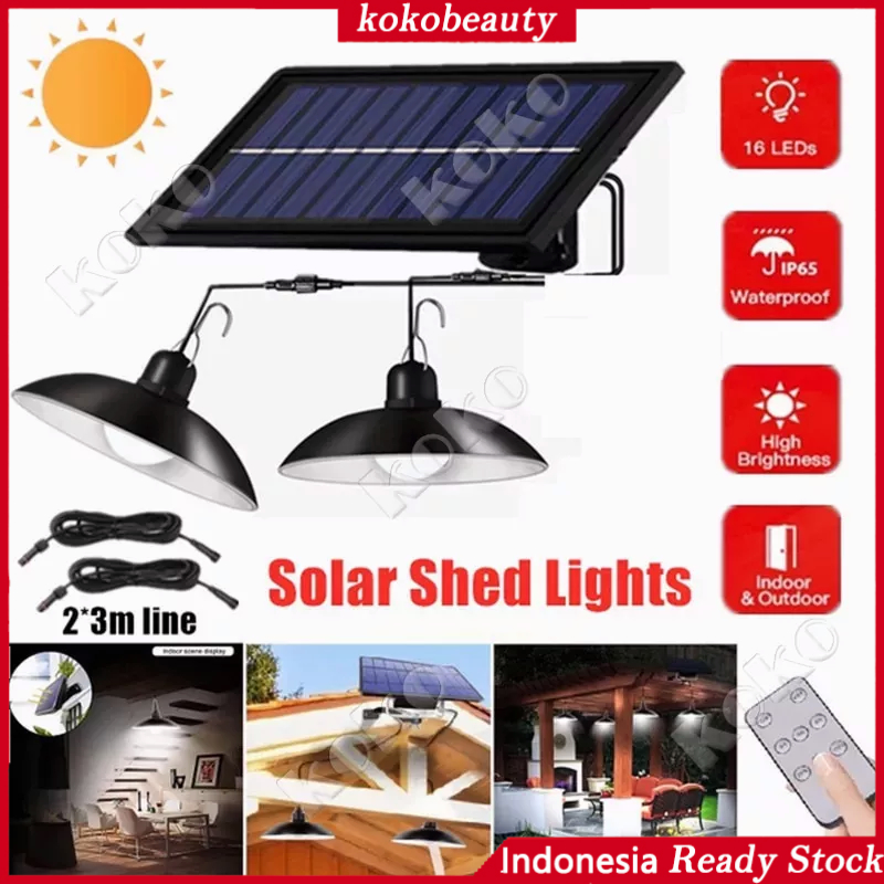 【local seller】Double Head Lampu Surya Lampu Outdoor Solar Pendant Light IP65 Waterproof Outdoor Indoor Solar Lamp Dengan Garis Lampu Gantung Rumah Dalam Ruangan Lampu Langit-langit untuk Berkemah Taman Halaman