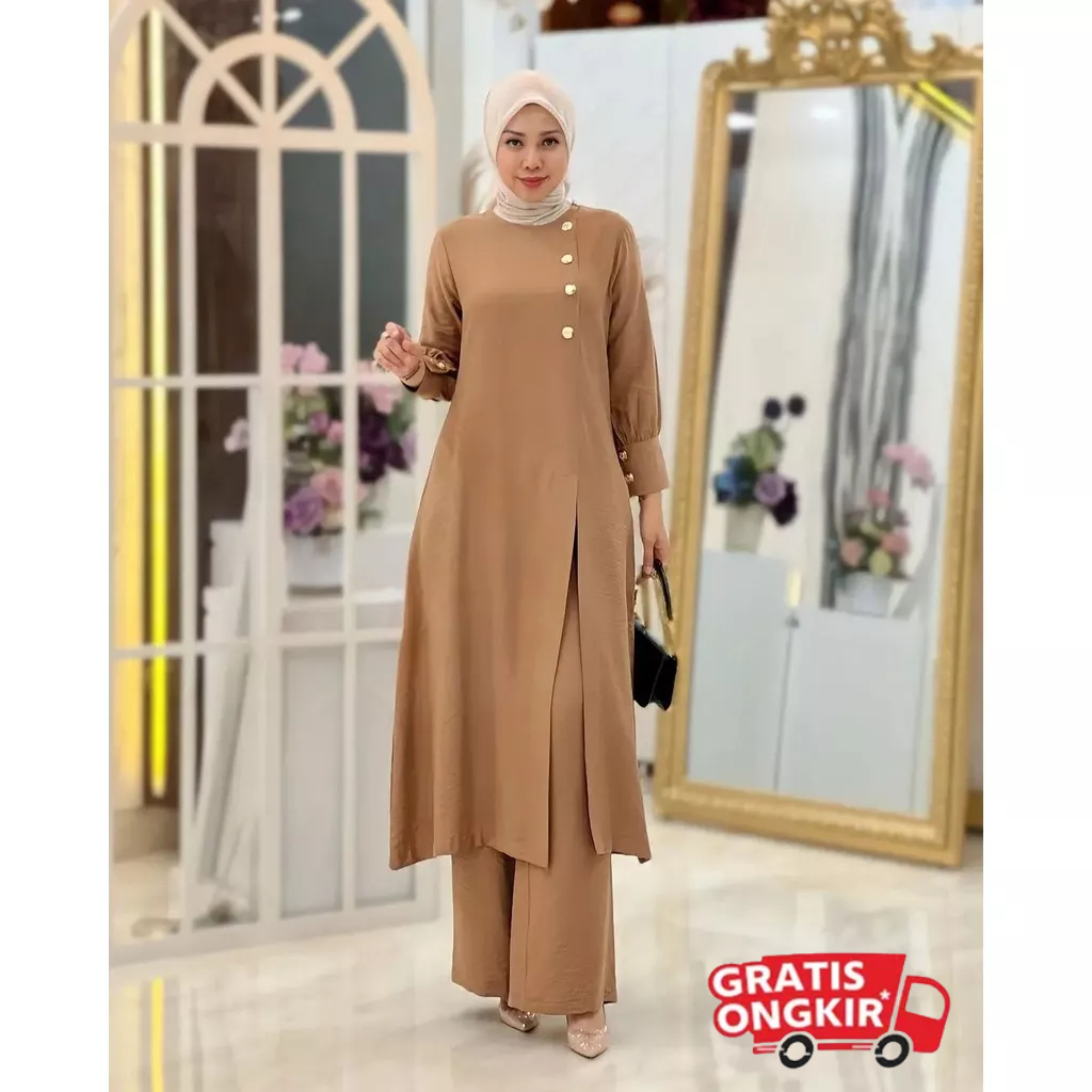 Saless Setelan Crinkel Airflow Premium Adeline Set Wanita Tunik Celana Kulot Saku Kanan Kancing