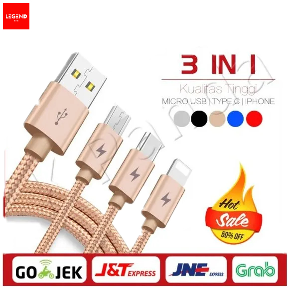 Kabel data / Cable USB 3 in 1 MICRO TYPE C LIGHTNING IPHONE ANDROID 1.2M (pack plastik)