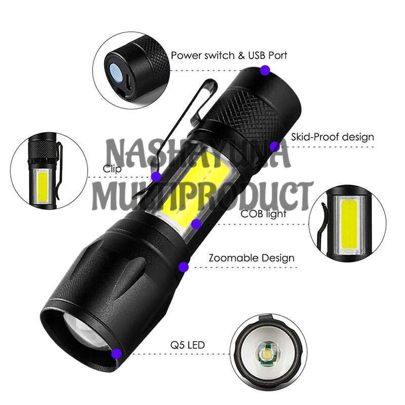 SENTER USB XPE COB SWAT POLICE 511 RECHARGEABLE BISA ZOOM LAMPU TITIK BESAR DAN KECIL JARAK JAUH