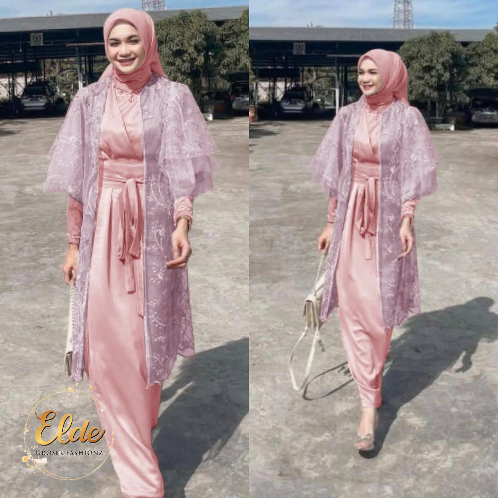 ELDE 12 - MAXY LUCIA BRUKAT TILLE DRESS SET GAMIS JUMBO WANITA SIZE M - L - XL - XXL BAHAN ROBERTO SLETING BELAKANG + CARDI TILE MUTIARA IMPORT + OBI LILIT LUCIANNA