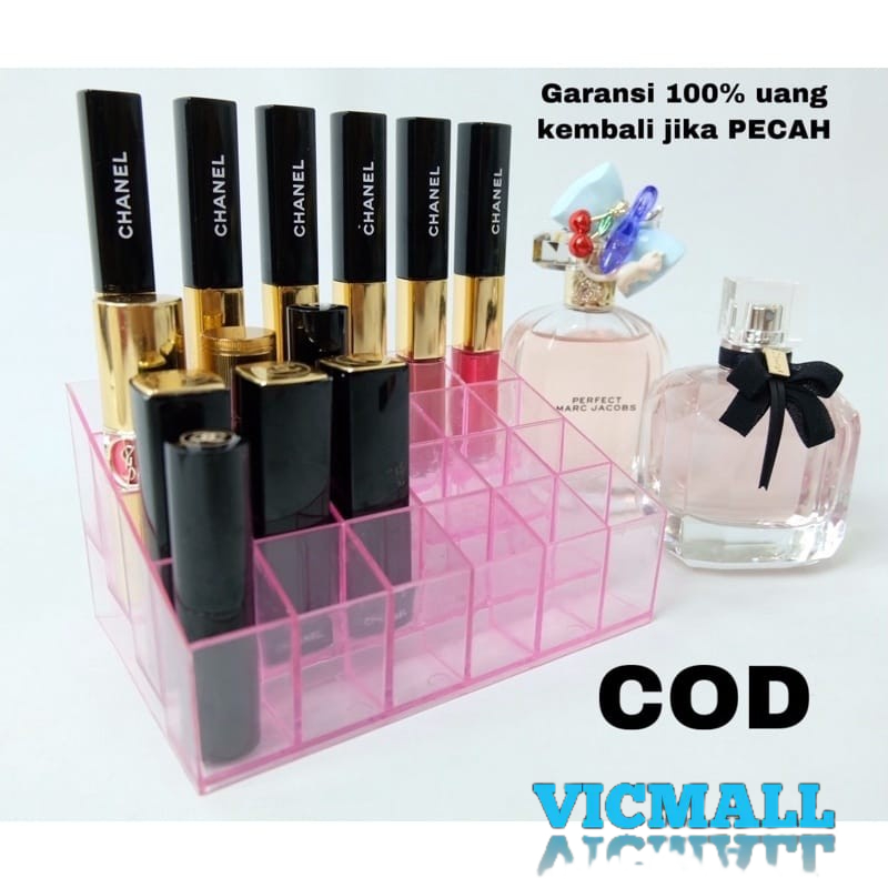 VICMALL - KOTAK TEMPAT LIPSTIK 5 WARNA ORGANIZER ACRYLIC RAK LIPSTIK / MAKE UP ORGANIZER YANG TERBUAT DR BAHAN ACRYLIC BERKUALITAS TINGGI. TERDIRI DARI 24 SEKAT YANG AMAN UNTUK MENYIMPAN LIPSTICK/BARANG LAIN DENGAN UKURAN SESUAI SEKAT YANG TERSEDIA