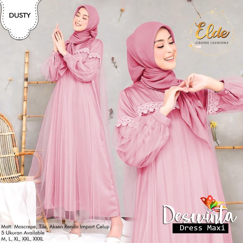 ELDE  66 - Maxy dress terbaru Dress Deswinta / Gamis Deswinta / Gamis Terbaru modern / Bahan tile furing moscrepe aplikasi renda / tanpa pasmina