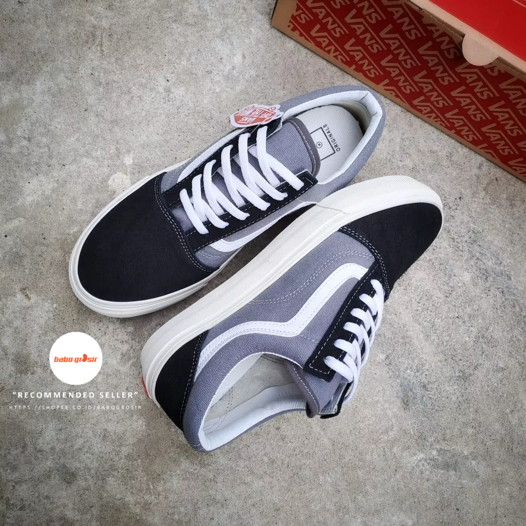 PROMO Sepatu Sneakers Vans Oldskool Black Grey OG Premium Quality. Upper Suede Leather, Waffle DT Rubber Anti Slip, Tag Made in China dengan Harga TERMURAH