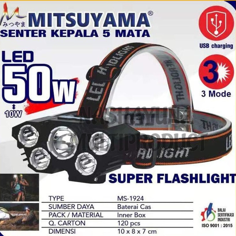 Promo Terbaru!!! Senter Kepala Mitsuyama MS-1924 Senter Kepala 50W 5 LED Batrai awet dan tahan lama