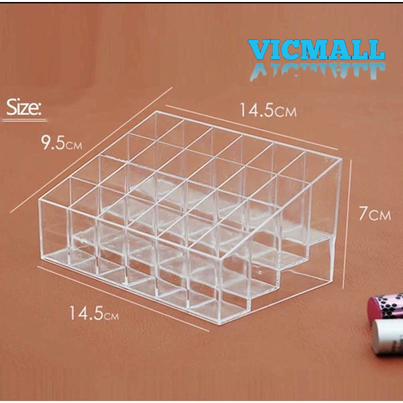 VICMALL - KOTAK TEMPAT LIPSTIK 5 WARNA ORGANIZER ACRYLIC RAK LIPSTIK / MAKE UP ORGANIZER YANG TERBUAT DR BAHAN ACRYLIC BERKUALITAS TINGGI. TERDIRI DARI 24 SEKAT YANG AMAN UNTUK MENYIMPAN LIPSTICK/BARANG LAIN DENGAN UKURAN SESUAI SEKAT YANG TERSEDIA