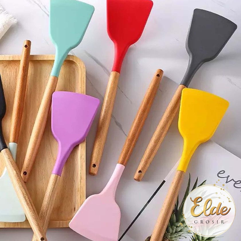 ELDE - spatula silicone color wooden handle / sutil silikon gagang kayu tahan panas / sodet alat masak