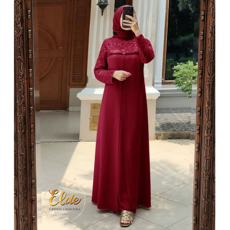 ELDE 12 - SIZE L XL XXL Maxi dress aulia Gamis Maxi JUMBO DRESS bahan brukat corneli lapis furing kombi crepe aplikasi mutiara tembak mewah LD 100cm pjg 135cm bagian depan 2lapis