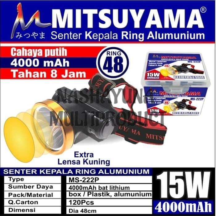 [BAYAR DI TEMPAT] SENTER KEPALA/HEADLAMP MITSUYAMA MS-222P LED 15 WATT 4000MAH FREE LENSA KUNING