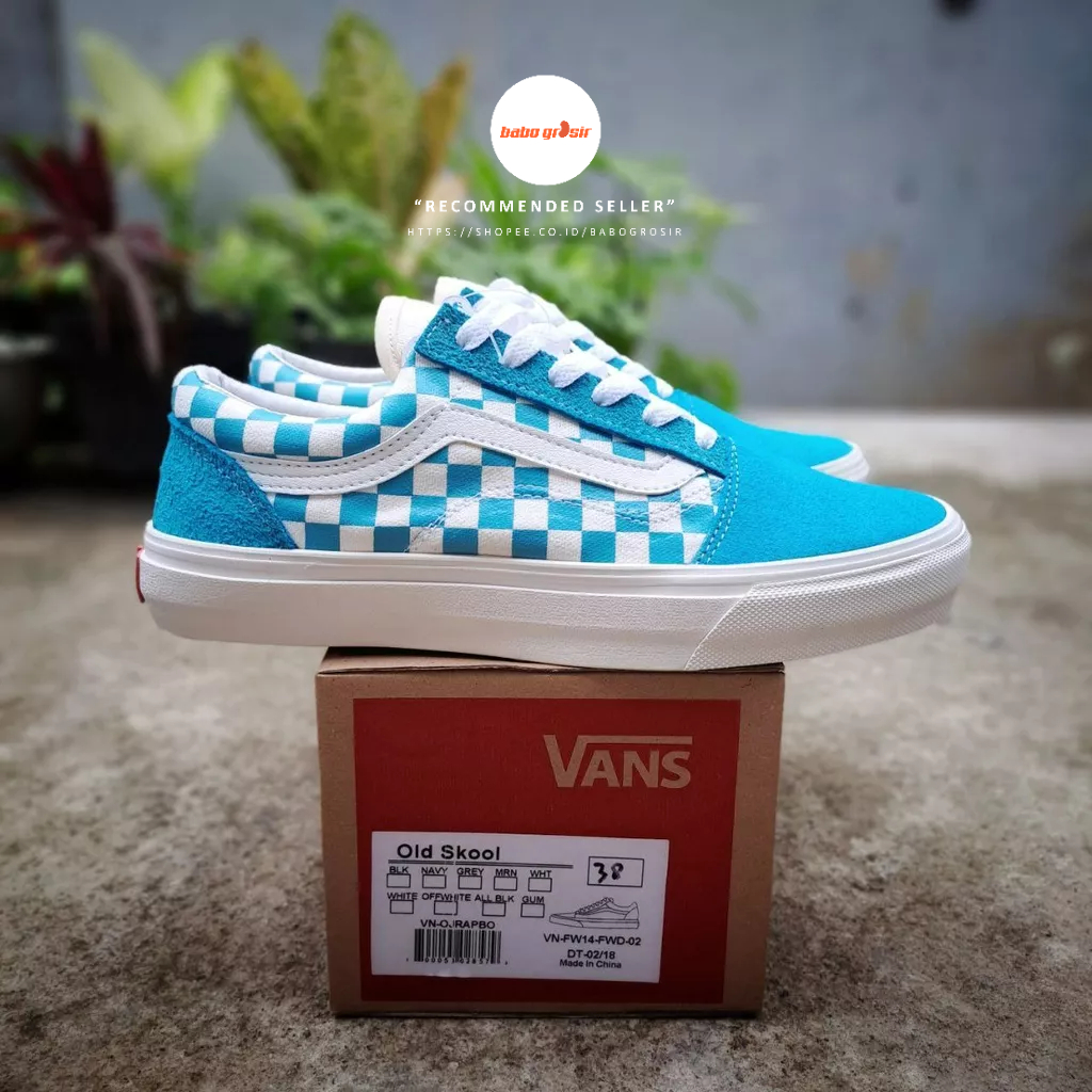 PROMO Sepatu Sneakers Wanita | Vans Oldskool Checkerboard Tosca Premium Import Quality Include Box, Upper Suede Leather + Kanvas, Waffle DT Anti Slip, Tag Made in China, Harga Termurah