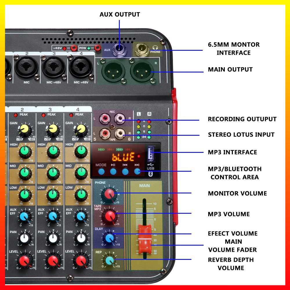 Mixer Audio Podcast Professional Live Audio Mixer DJ Bluetooth 6 Channel Dukungan 48V Phantom Power MX-i6 - 7RSKCGBK