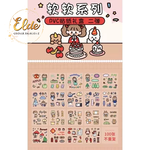 ELDE 1 -  [100 Lembar] Stiker Hp/Laptop/Botol Minum/2D Tumblr/Aesthetic Motif Bening PVc