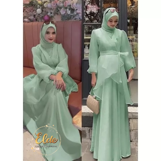 ELDE 12 - MAXI ORGANZA MAXY DRESS ( M - L - XL - XXL ) BAHAN VELVET BAGIAN CARDI ORGANZA DEPAN NYATU, LENGAN LAPIS ORGANZA, SLETING DAN KARET BELAKANG + BELT TALI ORGANZA ( NO BROSS )