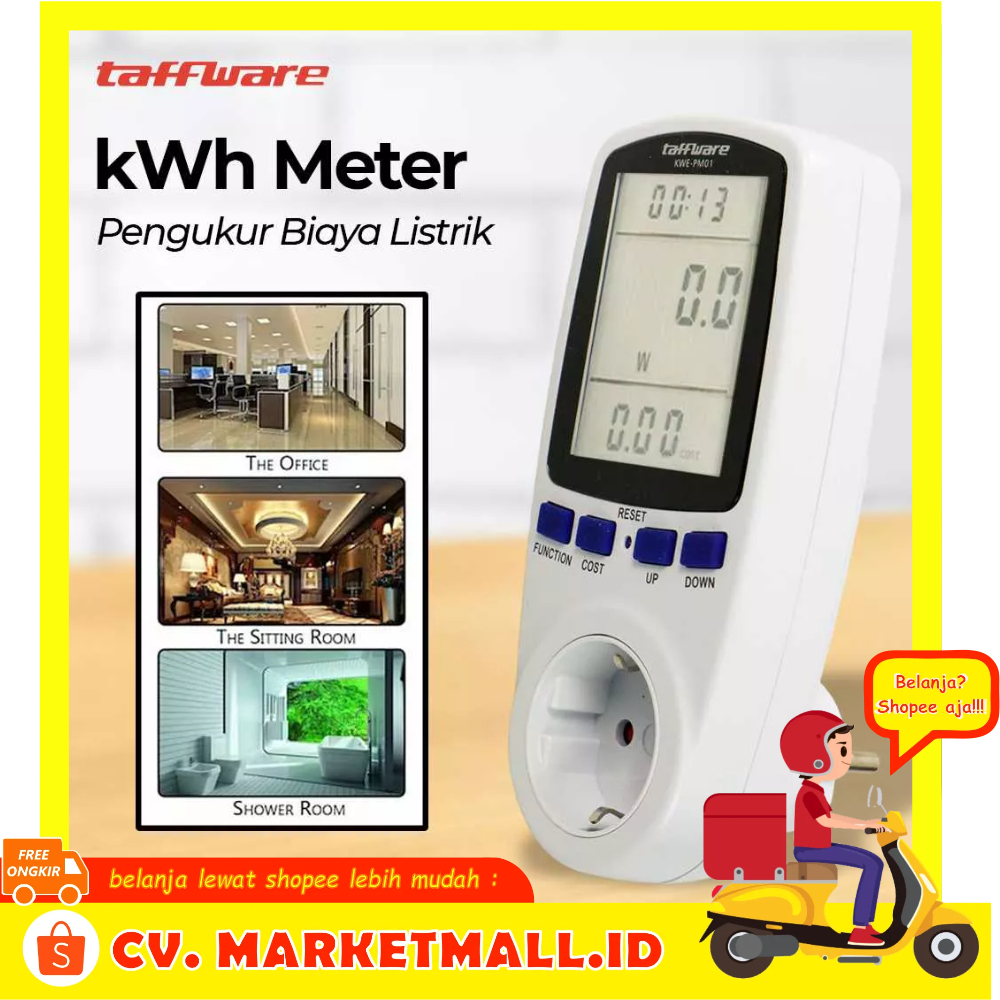 Steker kWh Meter Digital Tampilan LCD Pengukur Biaya Lisrik Rumah Multifungsi Pengatur Waktu Watt/Volt/kWh Meter Taffware - 7RHZ16WH