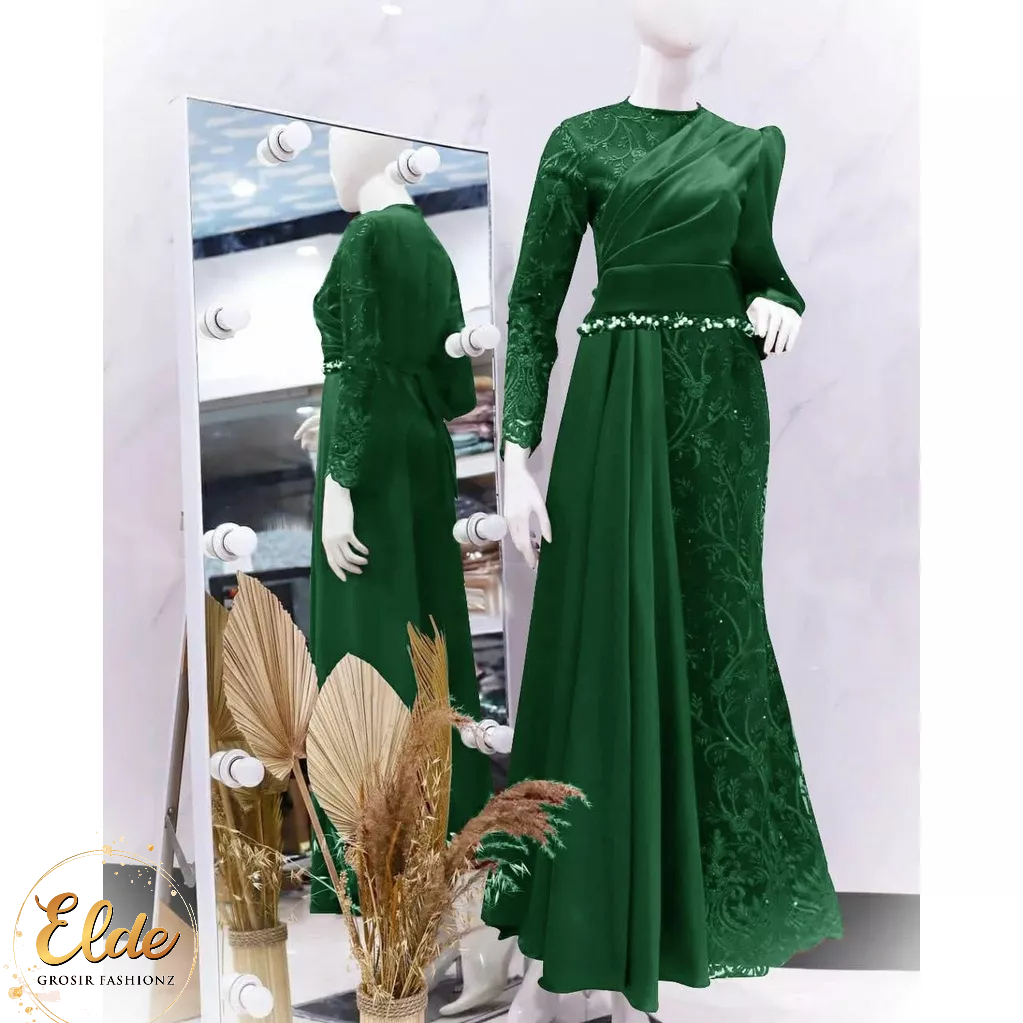 ELDE 12 - ( M - L - XL - XXL )  MAXI DRESS DUYUNG CHANELIA MAXY BAHAN TILE MUTIARA FULL DEPAN BLKG LAPIS FURING BAGIAN DEPAN ADA LAYER VELVET BAGIAN PINGGANG MUTIARA TEMBAK