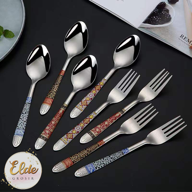 ELDE - Sendok Garpu Makan Batik Stainess 1lusin 12buah / Stainless Steel