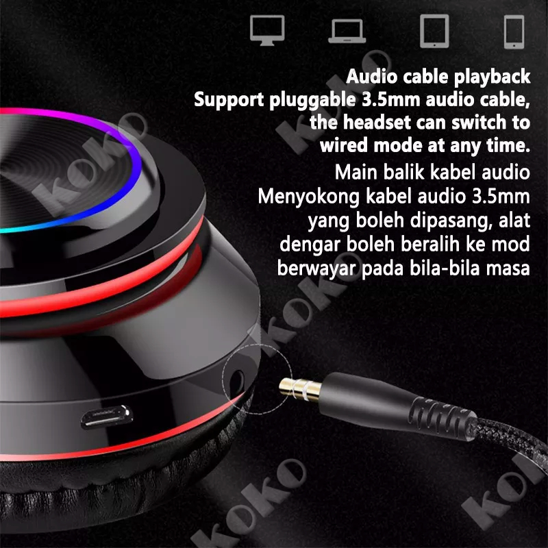 【penjual lokal】B39 Headphone Bluetooth Headset Musik Gaming dengan Lampu LED dan Mic Suara HIFI Bass Mantap