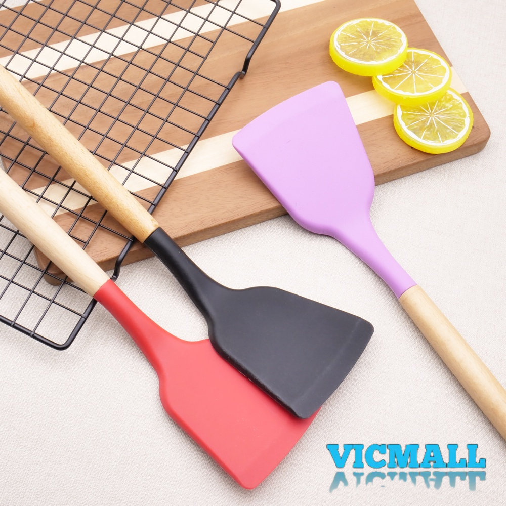 VICMALL -  spatula silikon gagang kayu tahan panas / spatula silicone color wooden handle / sutil silikon gagang kayu tahan panas / sodet alat masak