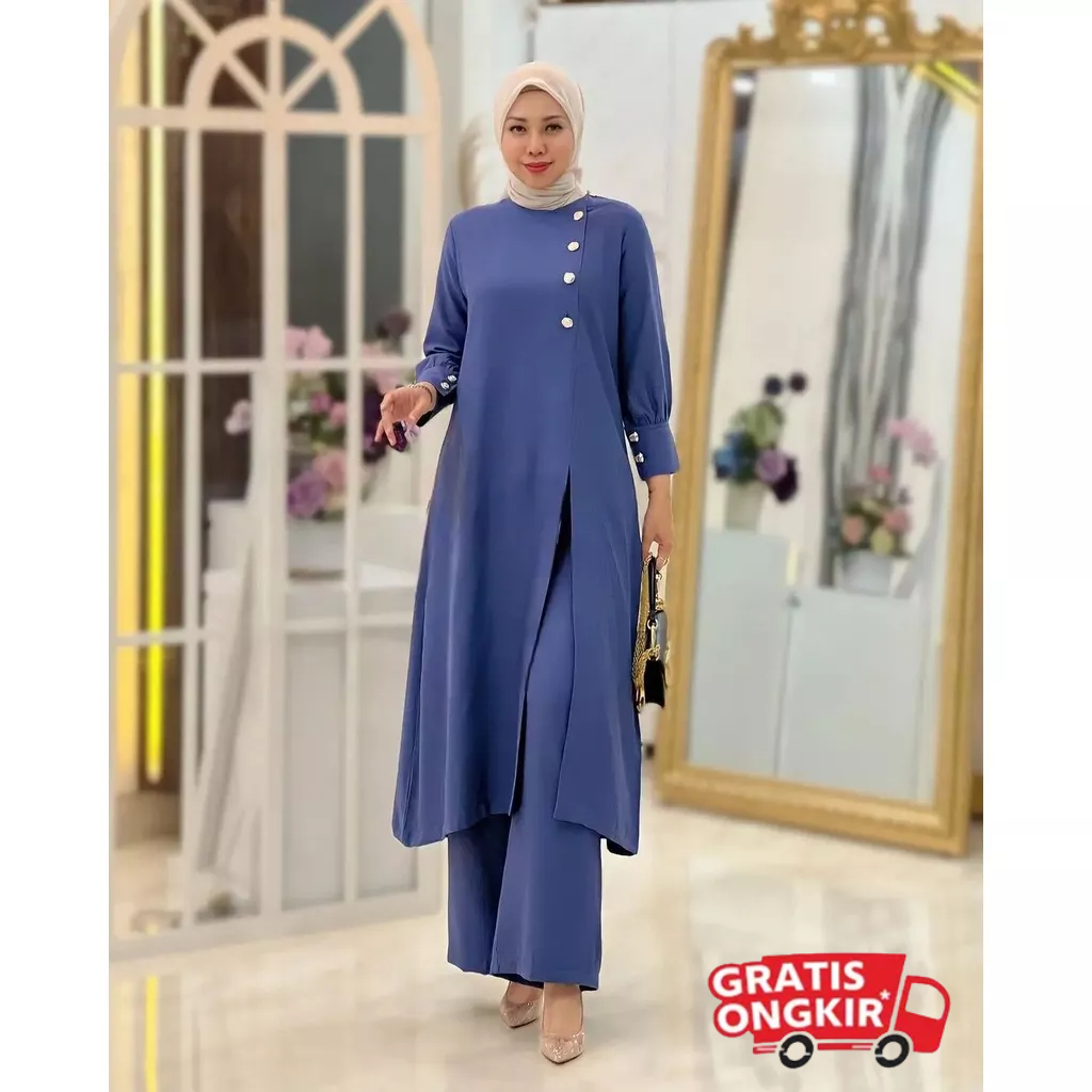 Big Promo Setelan Crinkel Airflow Premium Adeline Set Wanita Tunik Celana Kulot Saku Kanan Kancing